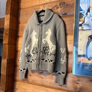 1970's, Wool Hand Knit Cowichan Sweater, Rearing Horses Design / Size Medium